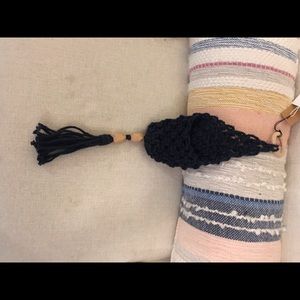 Macrame small plant holder, black, with natural bead accents